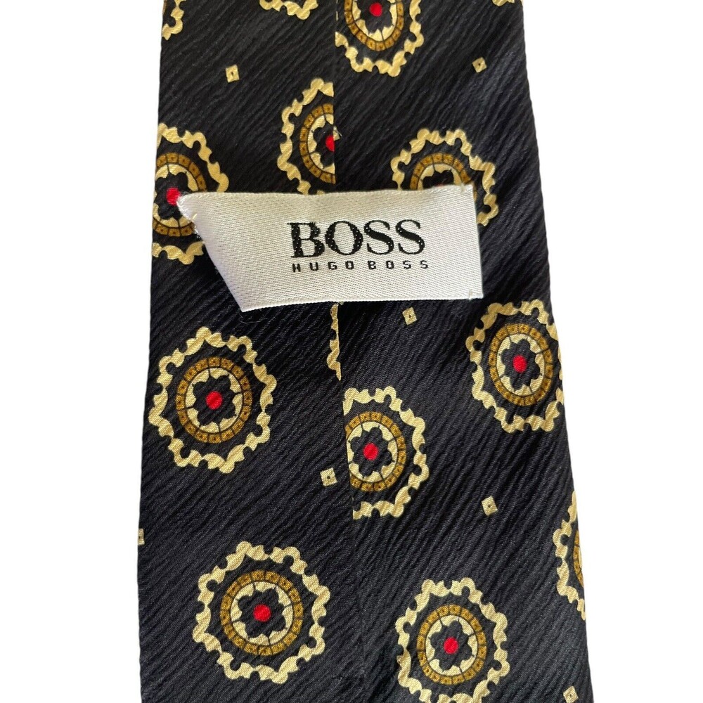 HUGO BOSS Mens Tie Necktie Black  Geometric 100% Silk Italy Classic